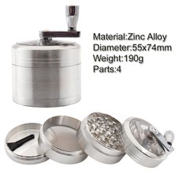 55mm Hand Crank Tobacco r 4 Layers Zinc Alloy Grinders Herb Cigarette Smoking Spice Crusher With Handle Sharpstone