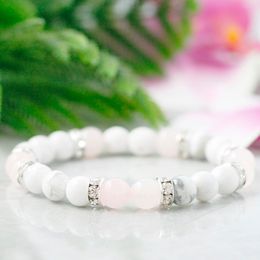 MG0944 Natural White Howlite Girls Bracelet Heart Chakra Love Lucky Bracelet Healing Rose Quart z Dainty Yoga Mala Bracelet