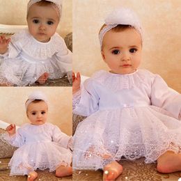 2021 Cute Baby Christening Gowns For Little Girls Long Sleeve Appliques Baptism Dresses With Bonnet First Communication Dress