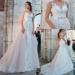 Sheer O-Neck Mermaid Lace Appliques Wedding Dresses With Detachable Train 2 In 1 Bridal Gowns Lace Up Corset Bridal Gowns 2023 Formal Vestidos De Novia
