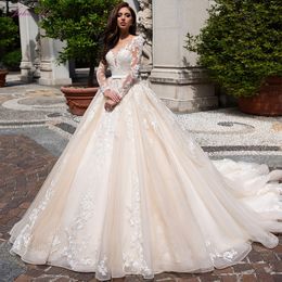 Julia Kui Luxury Champagne Tulle A Line Wedding Dress With Scoop Neckline Of Chapel Train Bride Dress Full Sleeve