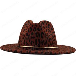 new Trend Unisex Flat Brim Wool Felt Jazz Fedora Hats Men Women Leopard Grain Leather Band Decor Trilby Panama Formal Hats