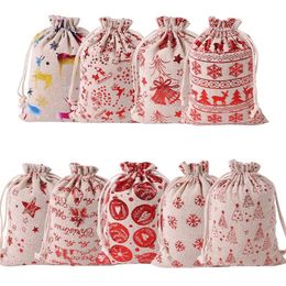 Hot Xmas Gifts Drawstring Canvas Santa Sacks Christmas Small Canvas Monogrammable Santa Claus Drawstring Bag with Reindeers