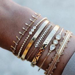 Bohemian Lady Golden Tassel Chain Crystal Charm Bracelet Set For Women Fashion Punk Arrow Opal Open Boho Beach Bangle Jewellery