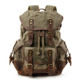 Best Quality Casual student backpack retro backpack drawstring men's oil wax canvas bag diagonal travel backpack