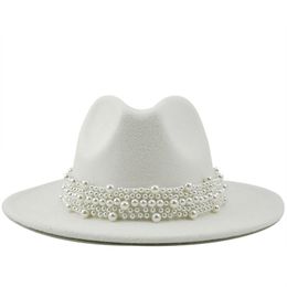 Hats Casual Women Leather Pearl Ribbon Felt Hat White Pink Yellow Panama Trilby Formal Party