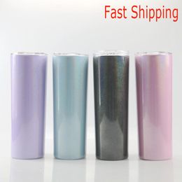 20oz Sublimation Skinny Tumbler With Straw Stainless Steel Glitter Wine Mugs Rainbow Double Wall Vacuum Insulated Tumblers Coffee Beer Cups