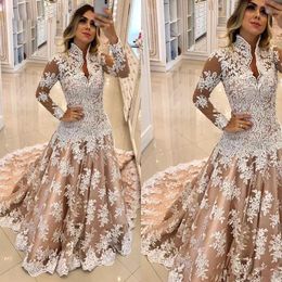 Newest Champagne Mermaid Muslim Wedding Dresses High Collar Appliques With Pearls Wedding Gown Sweep Train Country Bridal Dress257L