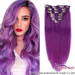 100% Real Human Hair Extensions Clip Ins #Lila Straight Machine Made Raw Indian Remy Thick 70g 100g 120g Purple Clips In On Weave For Women 14-22"