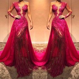 New Arabic Sexy Sequins Lace Evening Dresses Wear Illusion One Shoulder Mermaid Sequined See Through Floor Length Formal Party Prom Gowns