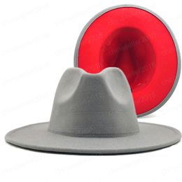 Grey red Patchwork Wool Felt Jazz Fedora Hat Women Unisex Wide Brim Panama Party Trilby Cowboy Cap Men Gentleman Wedding Hat