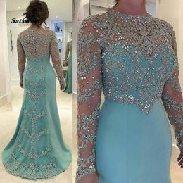 Special Beadings Mother Of The Bride Dresses Appliques Jewel Neck Illusion Long Sleeves A-line Formal Dinner Gowns 2023