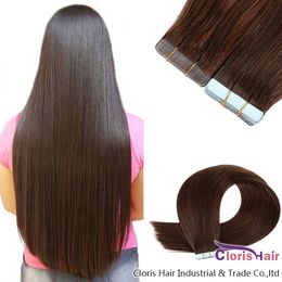 Full End 20pcs Silky Straight Seamless Pu Skin Weft #2 Darkest Brown Raw Indian Remy Human Hair Double Sided Adhesive Tape In Extensions
