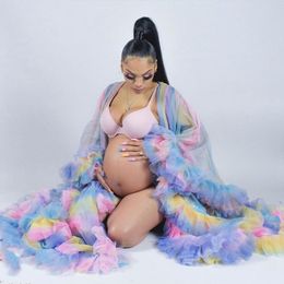 Rainbow Tulle Maternity Robes Women Sheer Long Maxi Photoshoot Baby Shows Fluffy Tiered Tulle Robe Formal Prom Dress