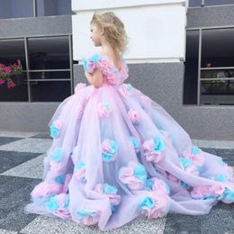 Cute Princess Flower Girls Dresses Kids Toddler Formal Wear Hand Made Flowers Birthday Christmas Wedding Party Events Girls Pagean259W