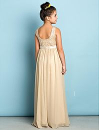 New Fashion Cheap Champagne A-line Junior Bridesmaid Dresses Scoop Neck Lace Floor-length Chiffon Bridesmaid Dress Wedding Guest P328C