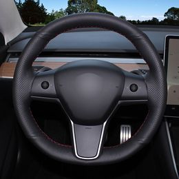 Black Artificial Leather Hand-stitched Car Steering Wheel Cover For Tesla Model 3 2015-2020 Model Y 2019 2020