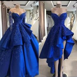 Royal Blue Prom Dresses Layers Full Sleeves Lace Appliques Sequins Beaded Ball Gown Evening Dress Vestidos Arabic Party Dress