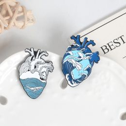 Blue Ocean Heart Pins Jewellery Roaring wave whale enamel lapel Pin Brooches Creative Sea Organ Denim Shirt bag Badge Broad-minded
