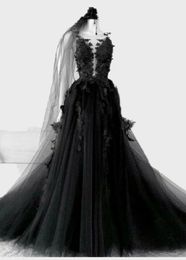 Gothic Black Wedding Dresses A Line Floral Lace Appliques Bridal Gowns 2021 Vintage Backless Boho Beach Puffy Tulle Bride Dress Plus Size