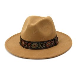 New Classic Solid Colour Felt Fedoras Hat for Men Women Handmade Embroidery Flower Pattern Panama Gamble Jazz Cap 58cm