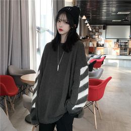 Casual Oversized Sweater Women 2019 Fall Winter Korean Streetwear Chic Striped Patchwork Knitted Pullover Knitwear Grey T383