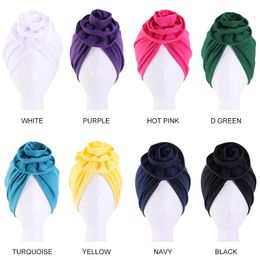 Women's American Popular Cotton Pan Flower Turban Hat Solid Hair Cap European Muslim Chemotherapy Styling Coloring Ethnic