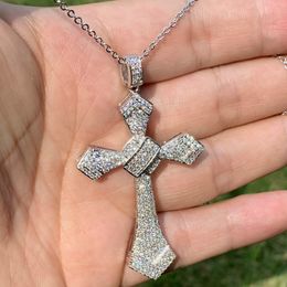 Hot Sale Stunning Luxury Jewelry 925 Sterling Silver Pave White Sapphire CZ Diamond Cross Pendant Gemstones Women Wedding Necklace