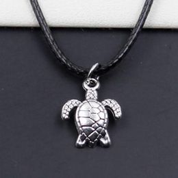 Fashion Tibetan Silver Pendant Turtle Tortoise Sea Necklace Choker Charm Black Leather Cord Factory Price Handmade jewelry wholesale