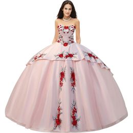 Lovely Bold Embroidered Rose Charro Insignia Quinceanera Dress Western Debutante Silver Medallions Blush Tulle and Satin Sweep Train Sweet 16 Dress