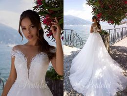 Gorgeous Wedding Dress Sheer Scoop Neck Sequins Beaded Short Sleeves Bridal Gowns Ruffle Sweep Train Custom Made Robes De Mariée