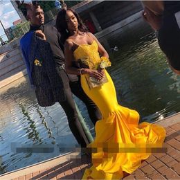 2020 yellow Mermaid Spaghetti Straps Prom Dresses backless Appliques Special Occasion Formal Evening Party Gowns vestido de noche