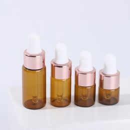 Mini Amber Glass Essential Oil Perfume Bottles 1ml 2ml 3ml 5ml For E Liquid Pipette Dropper Bottle with Rose Gold Cap