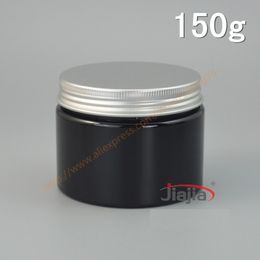 Cosmetic packaging 150g shiny black plastic bottle PET Cream jar 150ml Food pot with matte silver aluminum cap