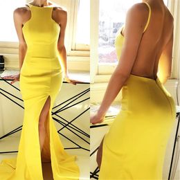 Sexy Backless Mermaid Prom Dresses Sleeveless Simple Thigh High Slits Satin Evening Party Gown