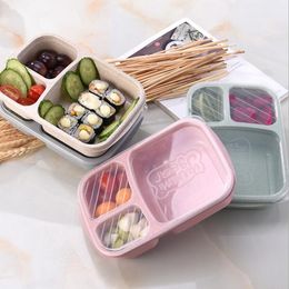 Student Lunch Boxes Lunch Box 3 Grid Wheat Straw Bento Bagsradable Transparent Lid Food Container For Work Travel Portable Containers YL12A