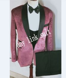 Side Vent One Button Fuchsia Pattern Groom Tuxedos Shawl Lapel Groomsmen Mens Suits Wedding/Prom/Dinner Blazer (Jacket+Pants+Vest+Tie) K540