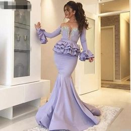 light purple Mermaid Long Sleeves Tiered ruffles Evening Dress Beaded Crystal Women Prom Gowns Off the Shoulder Sweep Train Party Dresses