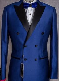 Double Breasted Groomsmen Peak Lapel Groom Tuxedos Blue Men Suits Wedding/Prom/Dinner Best Man Blazer ( Jacket+Pants+Tie) K616