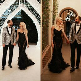 Strapless Mermaid Evening Dresses Custom Made Black Prom Dress with Feathers Sweep Train Formal Party Gowns