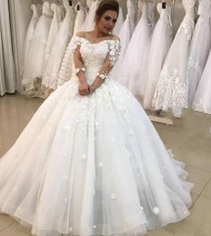 Princess Wedding Dresses Floral Bridal Ball Gowns Hand Made Flowers 2021 Illusion 3/4 Long Sleeve Beaded Pearls Plus Size Bride Dress Vestido