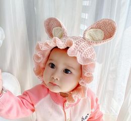 New Rabbit cap Girl Winter Knitted Beanie Hat Kids Warm Cap Photography caps Flounces lace baby knitted hat warm rabbit ear baby