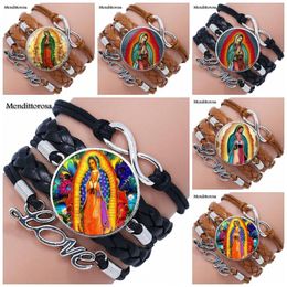 For Women Christmas Jewellery Glass Cabochon Multilayer Black/Brown Leather Bracelet Bangle Virgin Mary Sacred Heart Religious