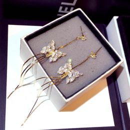 Ins sparkling diamond zircon crystal beautiful butterfly long dangle stud earrings for women girls Fashion luxury