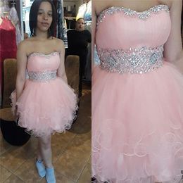 Setwell Strapless A-line Cocktail Dresses Sleeveless Short Mini Pink Organza Crystals Beaded Tiered Prom Party Gowns