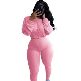 New Winter Women Two Piece Pants Set Sweatpants Suits Solid Color Casual Crop Top And Jogger Pants Two Piece Set Tracksuit