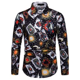 Men Casual Shirts for Party Wear Long Sleeves 3D Printed Poker Pattern Turn Down Collar Loose Blouse 3XL