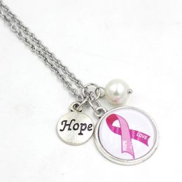 New Arrival Wholesale Breast Cancer Awareness Jewellery Hope Pink Ribbon Breast Cancer Pendant Necklace for Breast Cancer Awareness Gift