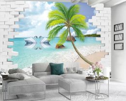 Custom 3d Landscape Wallpaper Beautiful Seascape Outside the White Brick Wall Romantic Scenery Decorative Silk 3d Mural Wallpaper