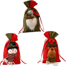 NEW Christmas Decorations Santa Claus Snowman deer linen three dimensional Embroidered Handbag kids gift bag Candy Bag Christmas bag T500213